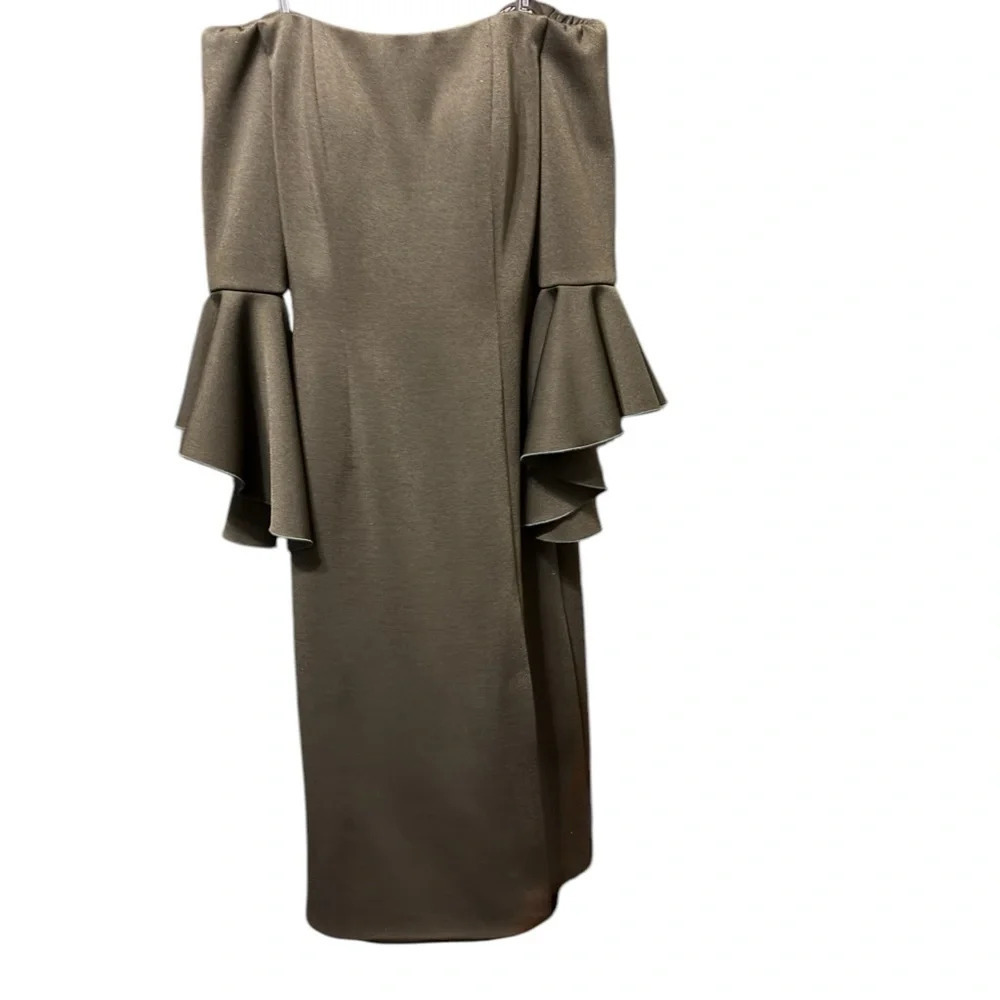 Jovani Navy Black Off the Shoulder Bell Sleeve Midi Dress with Slit Size 6 $690